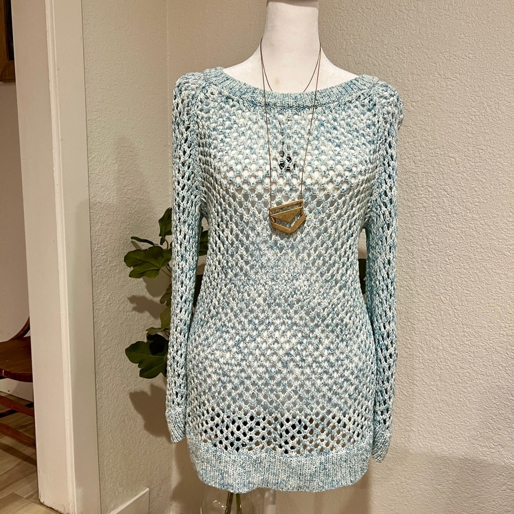 Gap Blue & White Marled Open Knit Long Sleeve Sweater - Size Medium